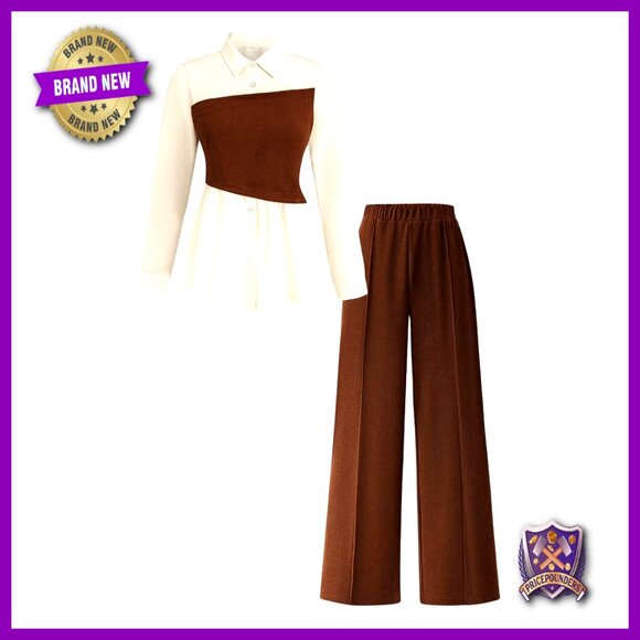 Plus Size 2 Piece Outfit Button Down Shirt Wide Leg Pants Set